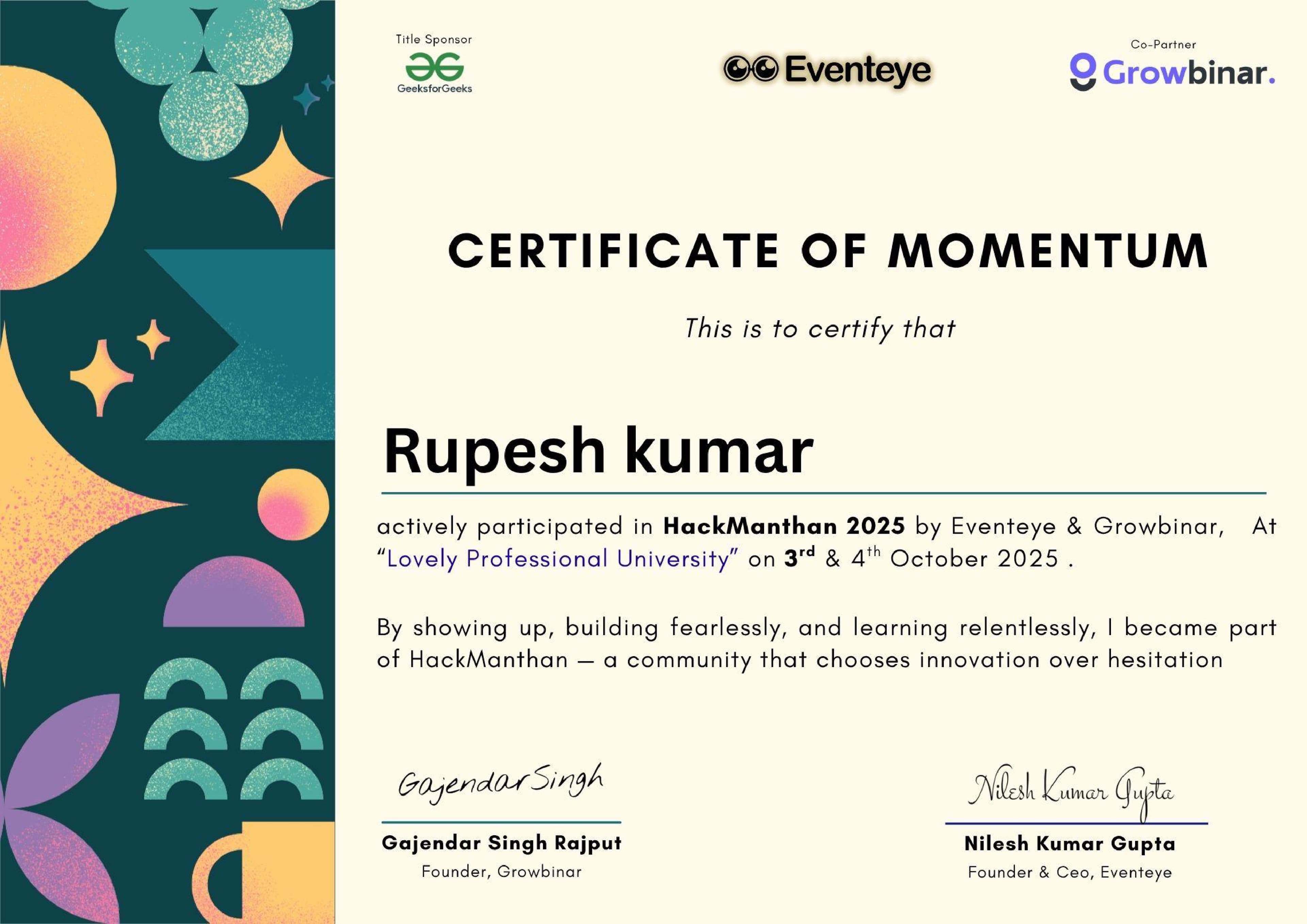 Certificate of Momentum
